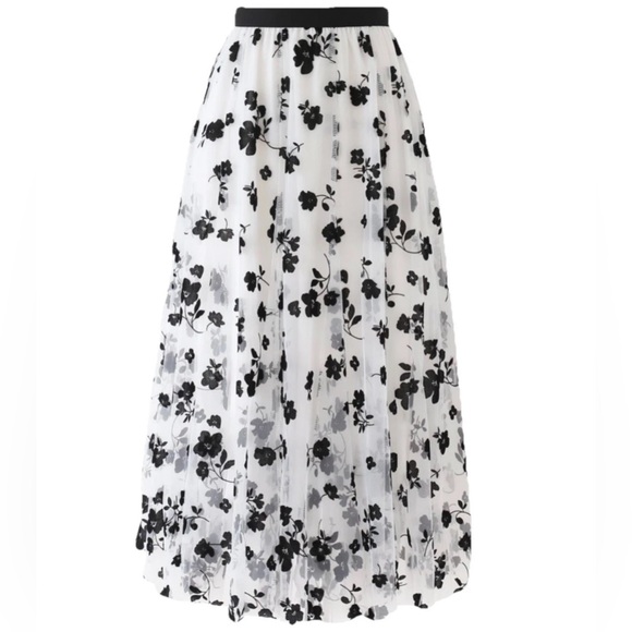 Tulle Floral Midi Skirt‎ Embroidered Mesh Elastic Waist A Line Flowy Size Medium - Picture 1 of 12